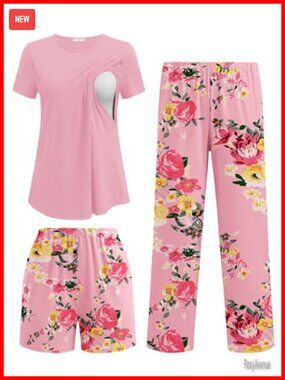 3 Piece Maternity Nursing Pajama Set with Adjustable Waistbands
